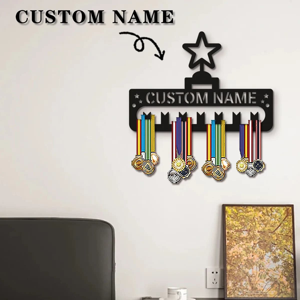 1pc Custom Modern Style Cartoon star Decor Frame Wooden Sports Medal Holder,Wall Mounted Display Stand for Sports Lovers Gift