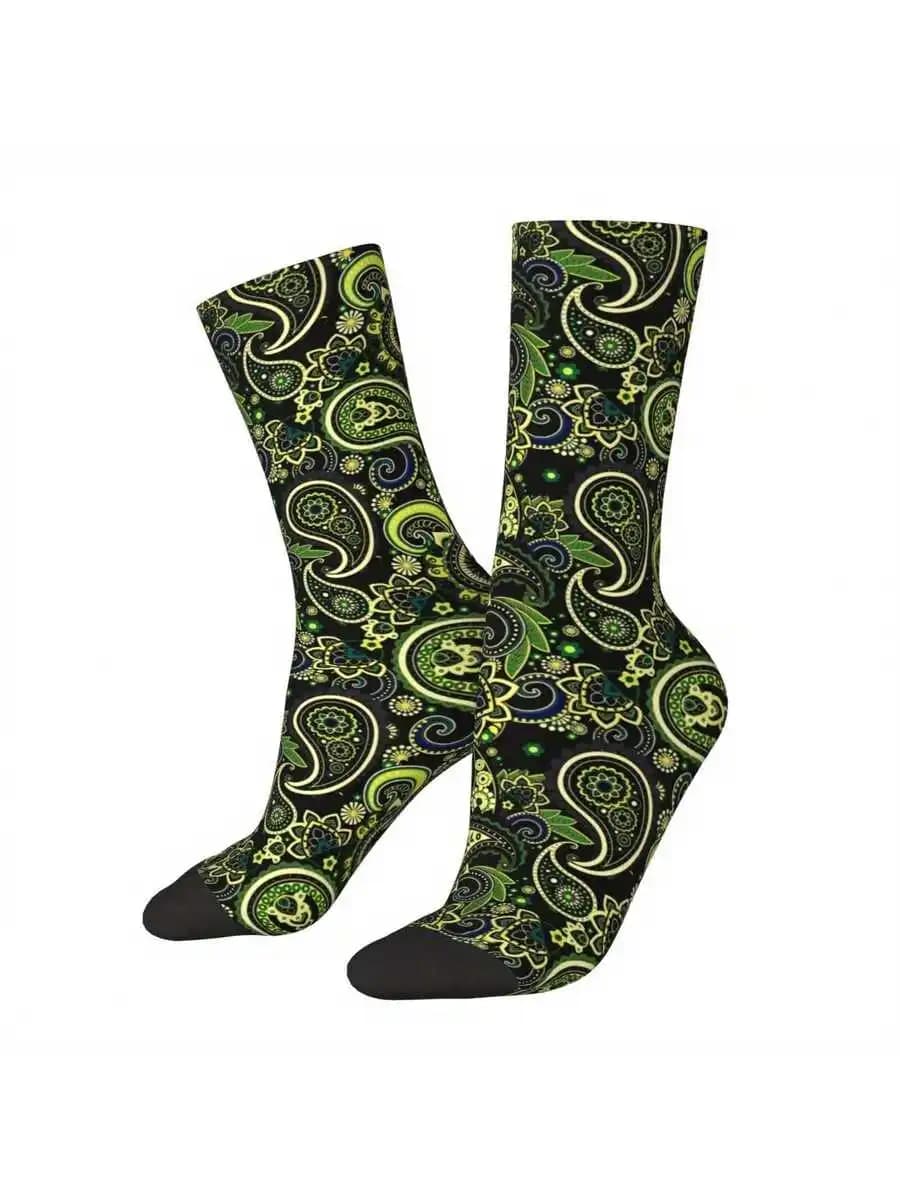 Novelty Crew Socks Polyester Spandex Blend Vibrant Paisley Print Green Yellow Black Unisex Streetwear