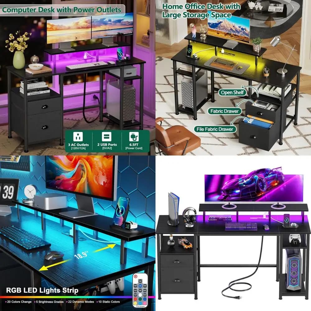 Reversible gaming desk with 51 LED illuminated with power sockets, storage shelves and home office monitor support, black