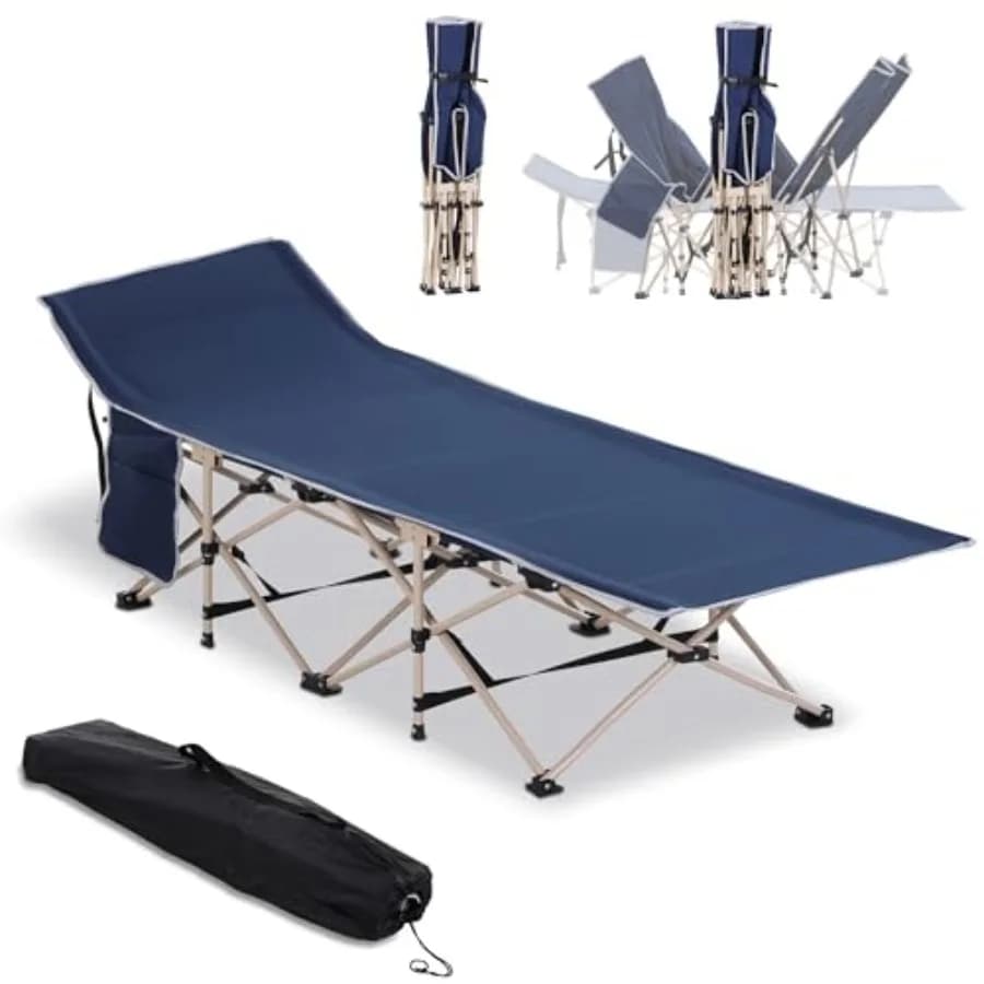 Adult folding camping cot with carrying bag, side pocket, outdoor portable bed for travel, camping, holidays, 330 pounds. Capac