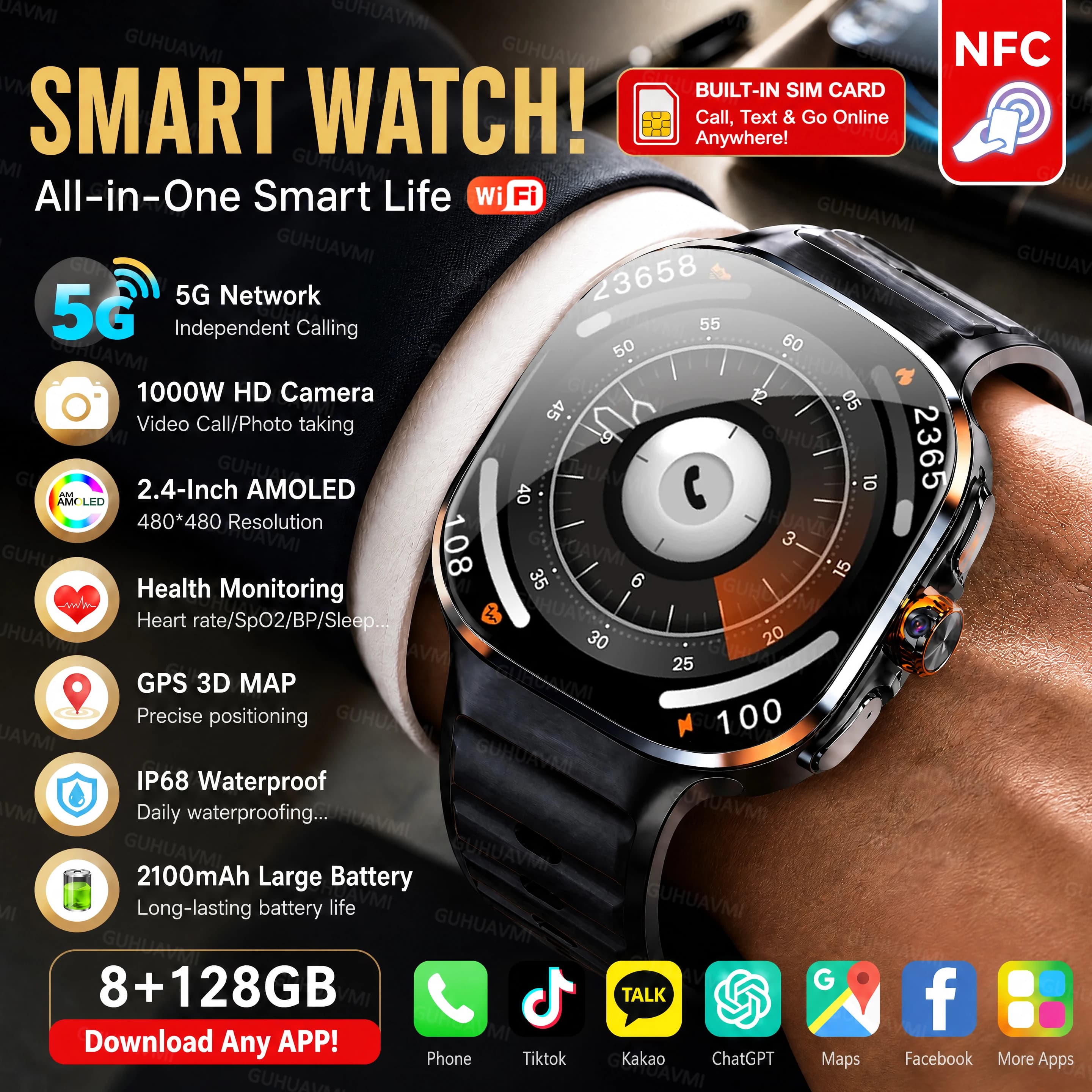 2026 New 5G/4G Smart Watch 8+128GB SIM WiFi GPS Google Maps HD Camera Video Call AI Assistant Google Play Smart Watch Men Lady