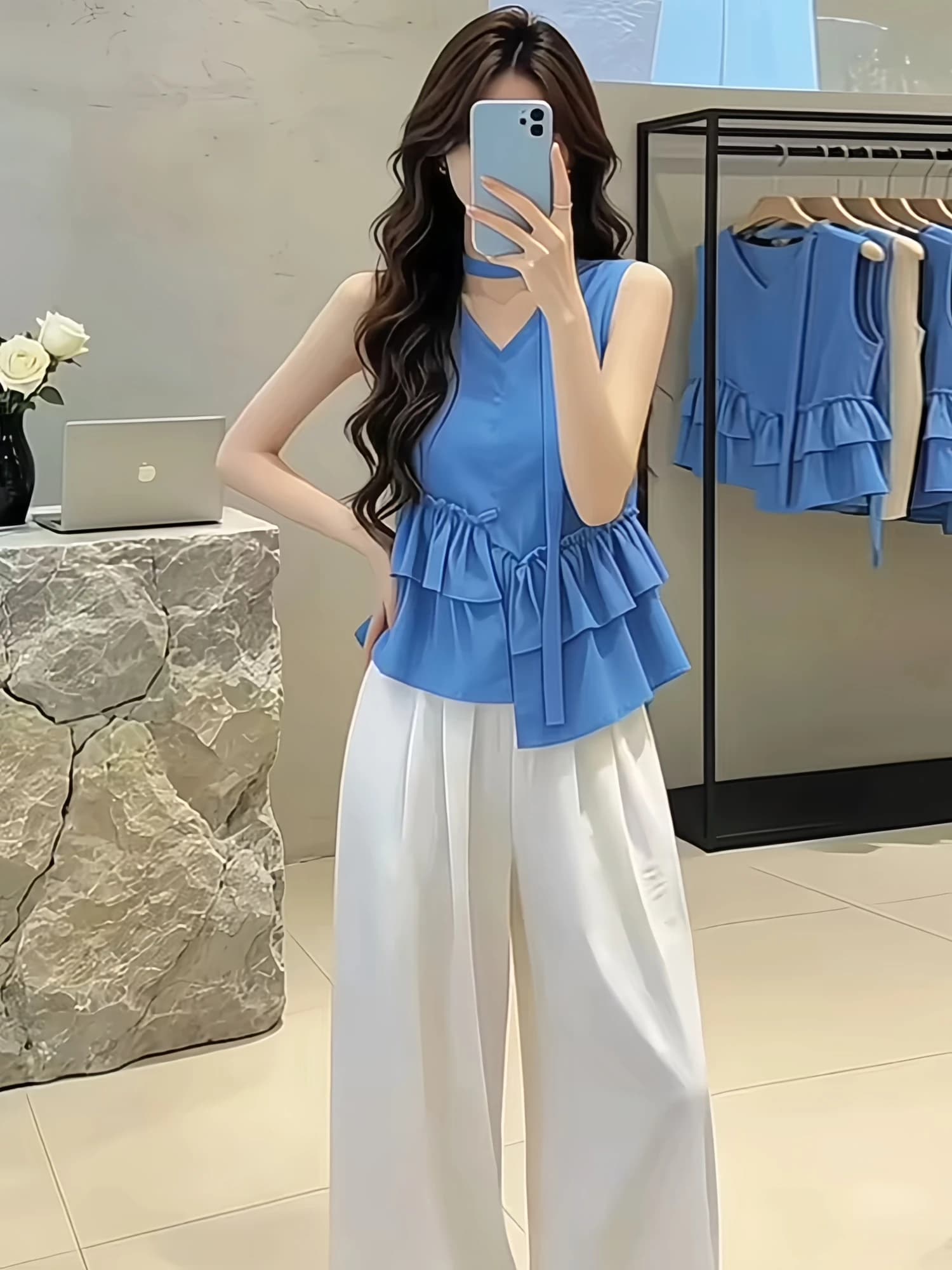 Blue Summer Women's Sleeveless Vest Top And Wide Leg Pants Two-Piece Set Casual Loose Fit High Waist Breathable T-Shirt Style