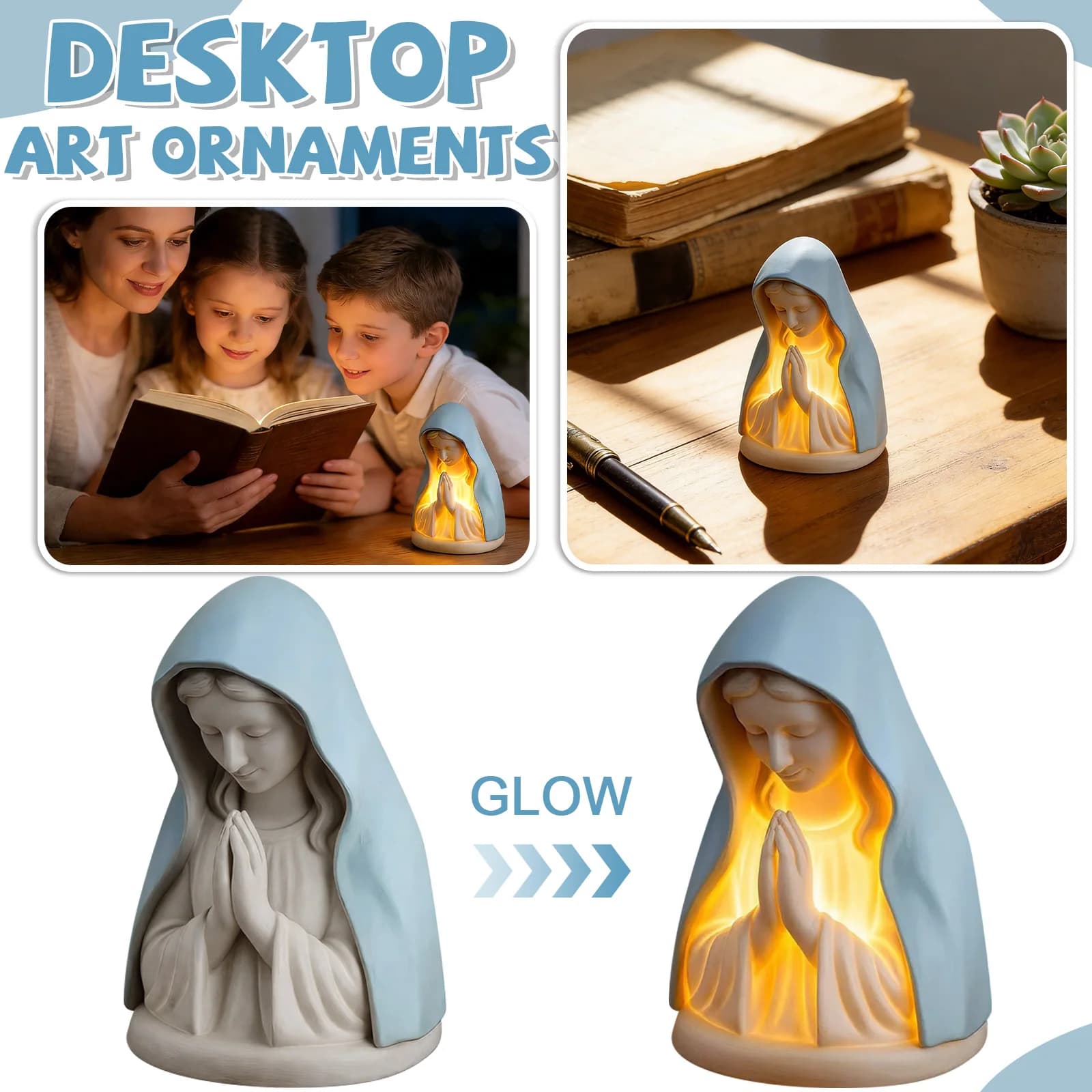 Night Light of the Virgin Mary in Prayer, Religious Decoration for the House, Artistic ornament from Desk, LED Bedside Lamp, Luminous Statue, Religious Gift