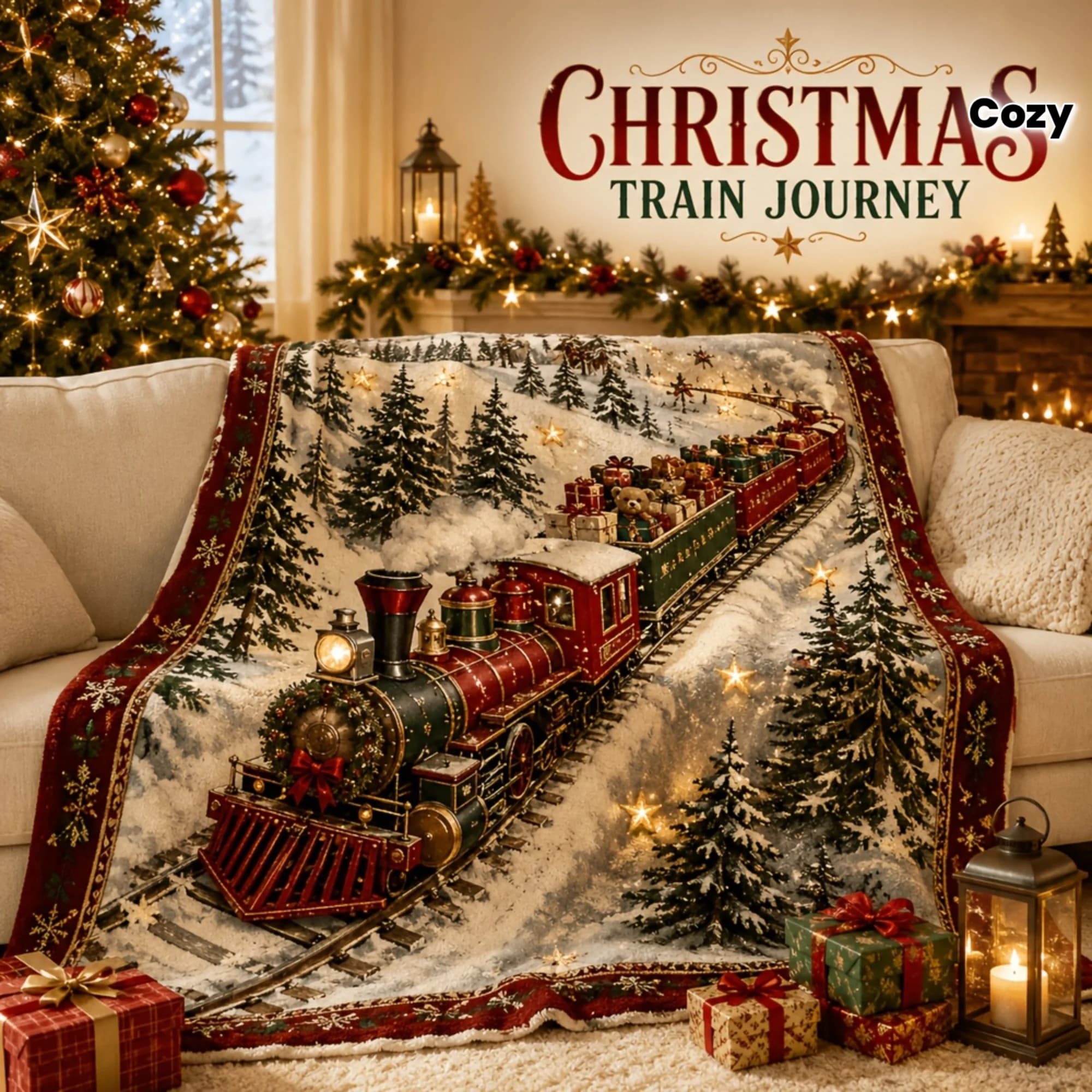 Blanket: Snowy Christmas Train Blanket | Vintage Toy Train Pine Forest Gift Pattern Cozy Holiday Sofa Throw Blanket