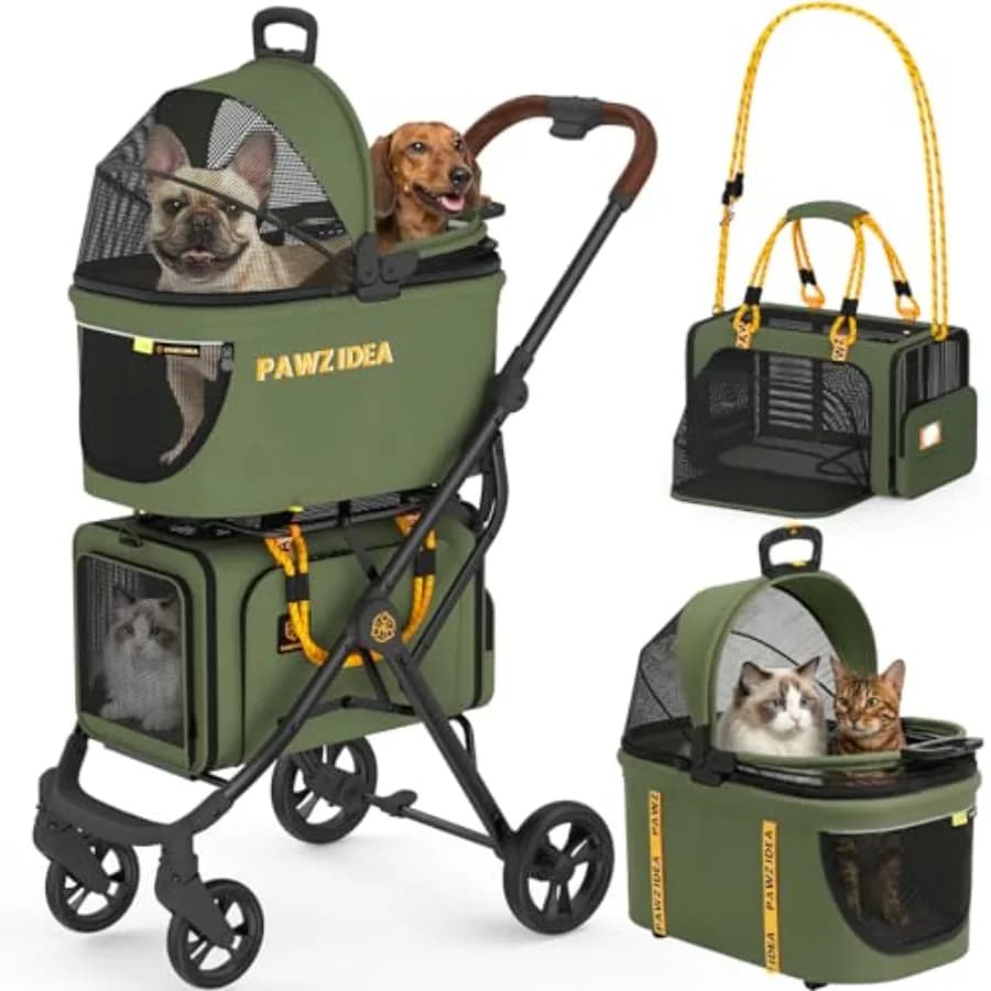 Passeggino doppio per animali domestici per viaggi e jogging, telaio leggero in alluminio, nero, trasportino espandibile approvato TSA con 2 scomparti rimovibili