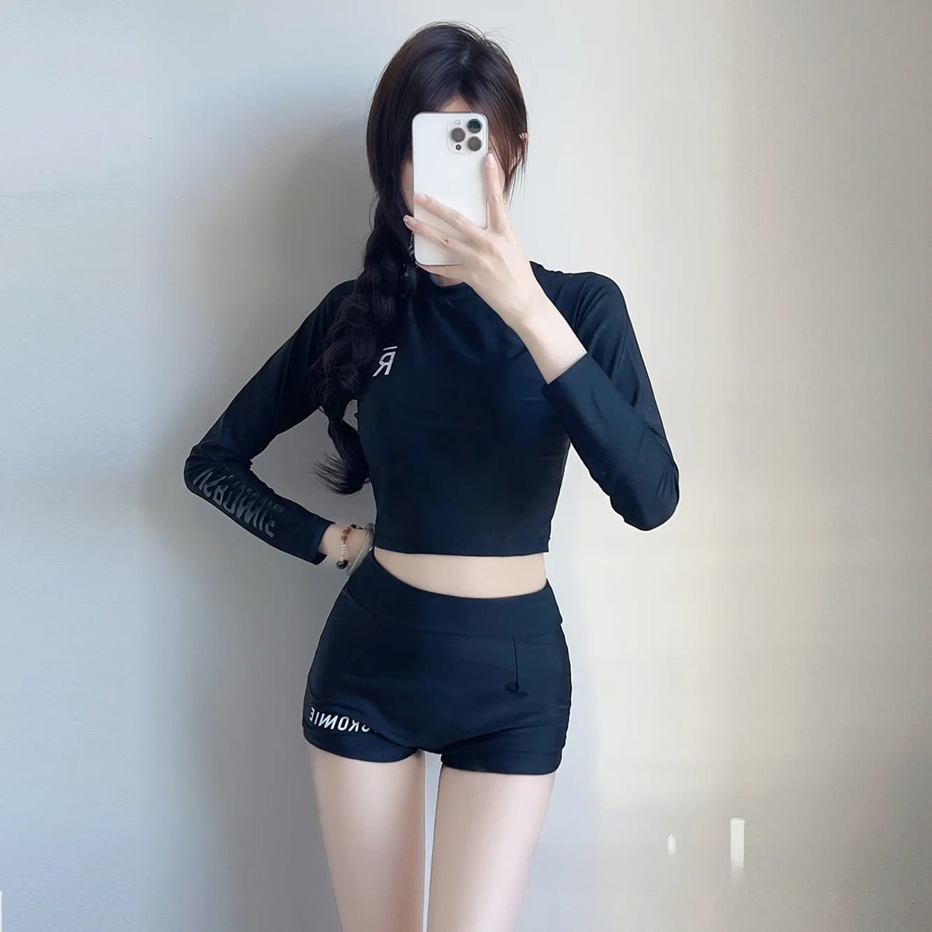 2024 Women's High Waist Long Sleeve Swimsuit Black Thermal Spa Swimwear Slimming Top Sports Bikini Upper Chest Cover