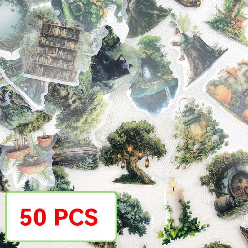 50PCS Forest Style Transparent Stickers Luggage Guitar Skateboard Phone DIY Waterproof Notebook Stickers Cartoon Natural Elf
