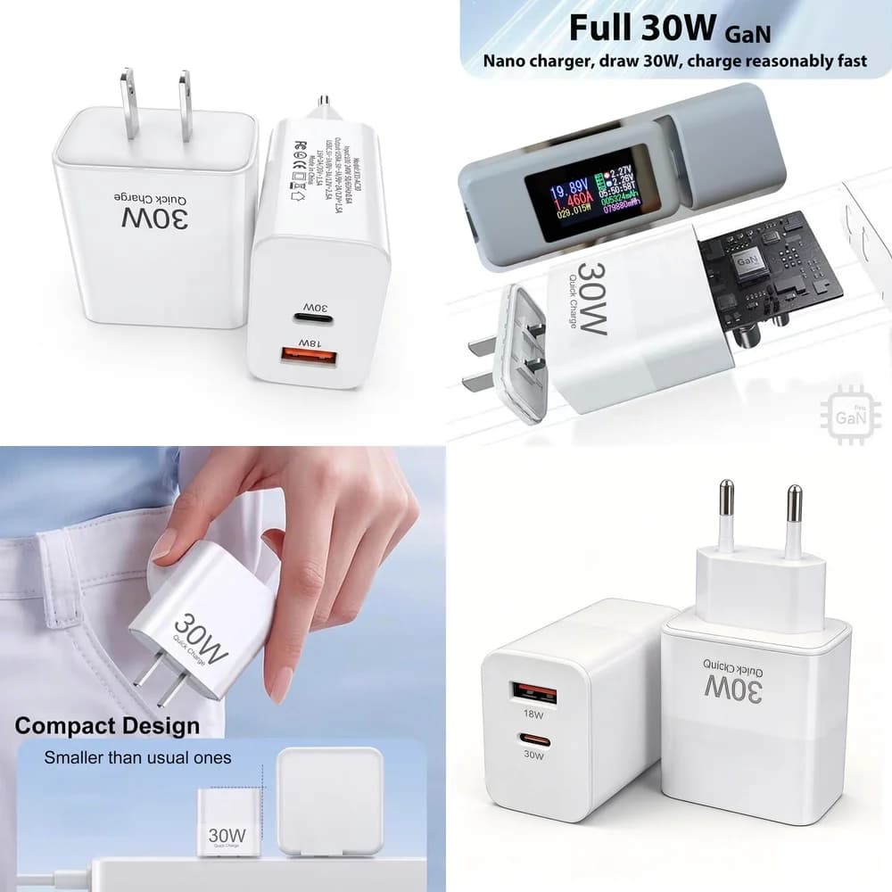 30W Quick Charge 3.0 Compact Dual Port US EU Plug Safe Charging for iPhone 17 16 15 Pro Max Samsung Galaxy S26 S25 S24 Xiaomi