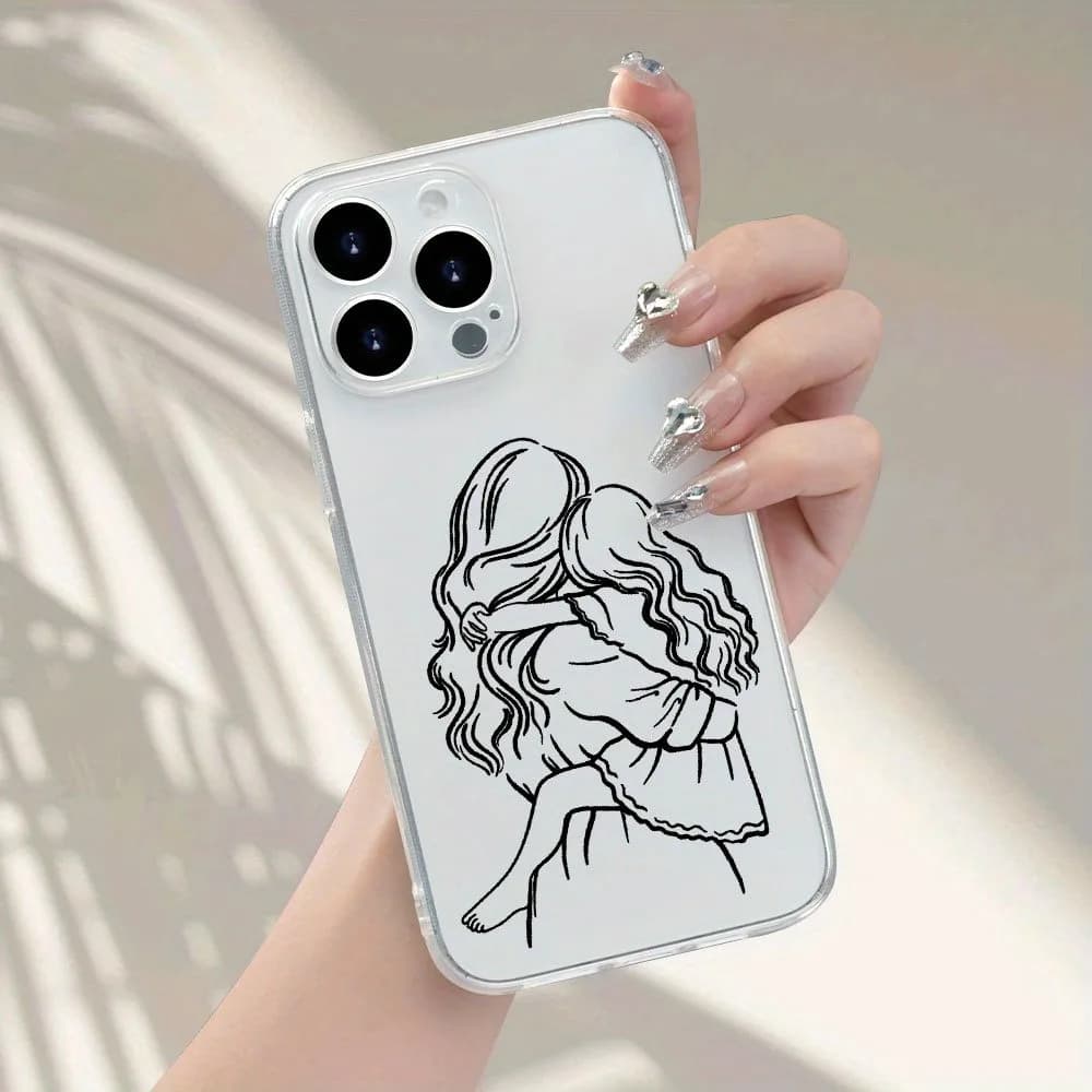 1Pc Black Line Drawing Mother-Daughter Hug Pattern Transparent Fine-Hole Anti-Drop Phone Case, Suitable for iPhone 11 12 13 14 15 16 17 Pro Max Xr X/Xs 7 8 Plus Se and Other Smartphones, Ideal Birthday Gift, Suitable for Both Men and Women