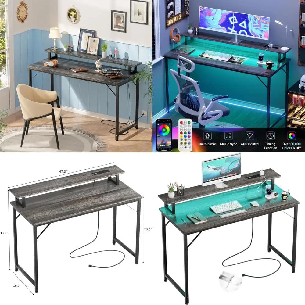 Scrivania da gioco moderna illuminata a LED con prese di corrente, 47 scrivania da ufficio in rovere nero per piccoli spazi con ripiano per monitor