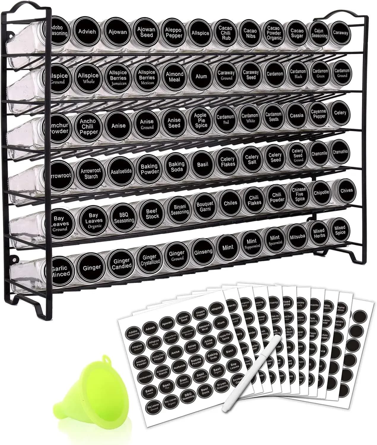 Set Completo Organizzatore di Spezie con 72 Barattoli in Vetro, 340 Etichette, Pennarello a Gesso e Imbuto per Cucina