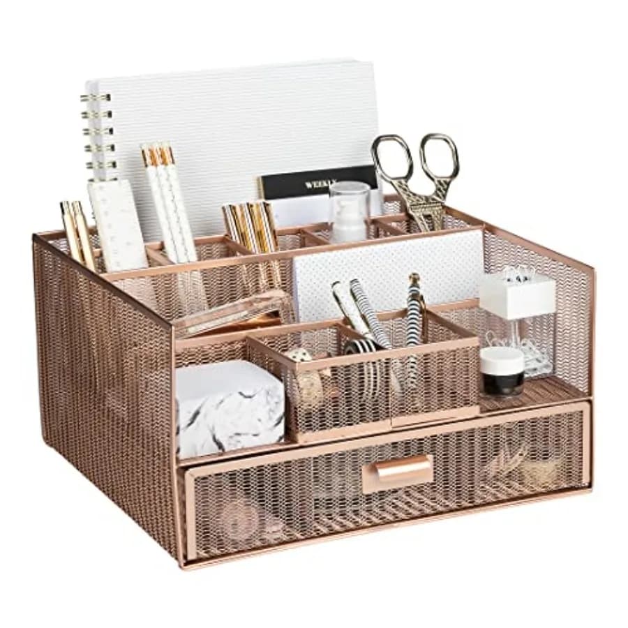 Organizer da Scrivania Grande in Metallo Dorato Rosa con 12 Scomparti e Cassetto, Portaoggetti e Portadocumenti per Ufficio e Casa