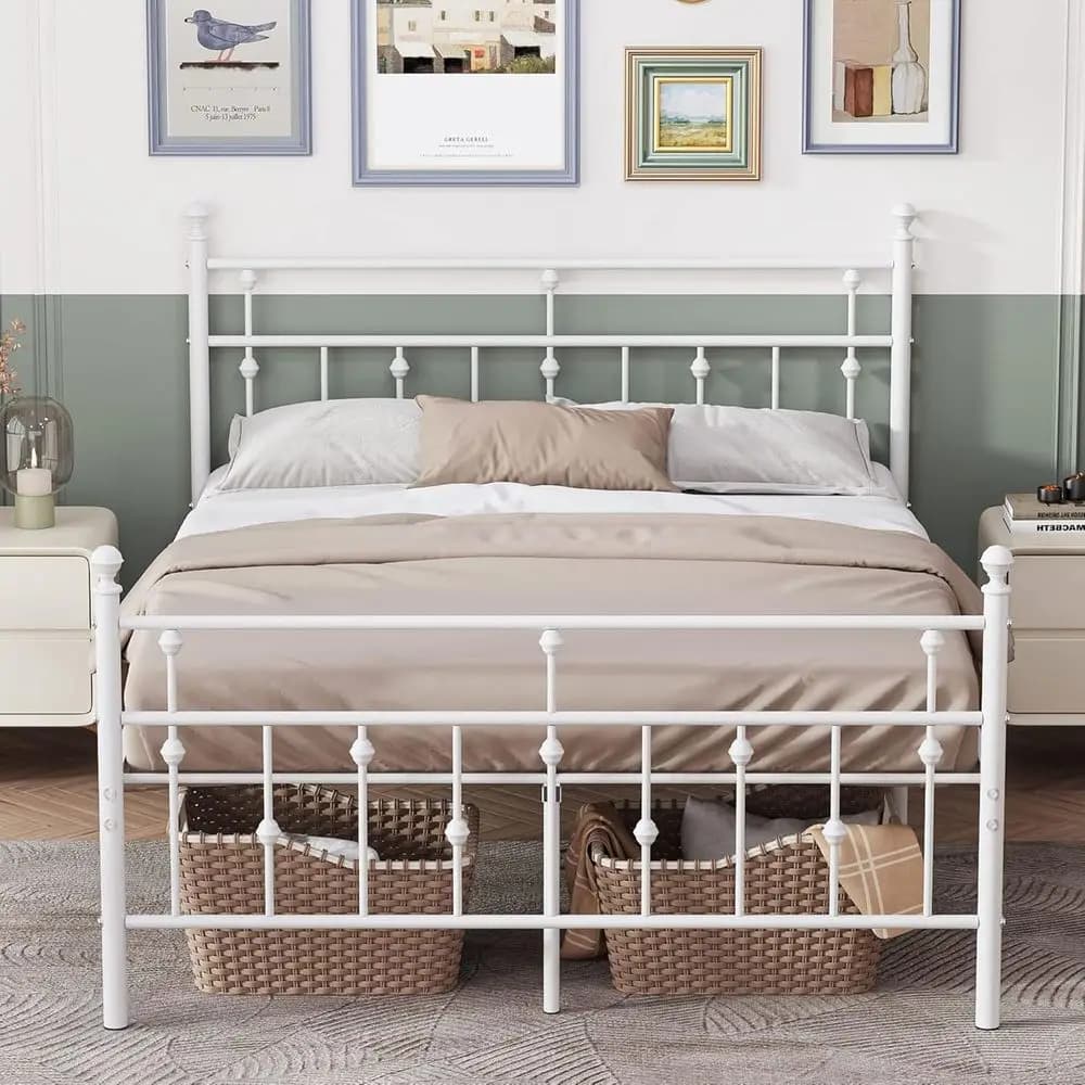 Bed with white metal platform with container under the bed, does not need slats, easy to mount