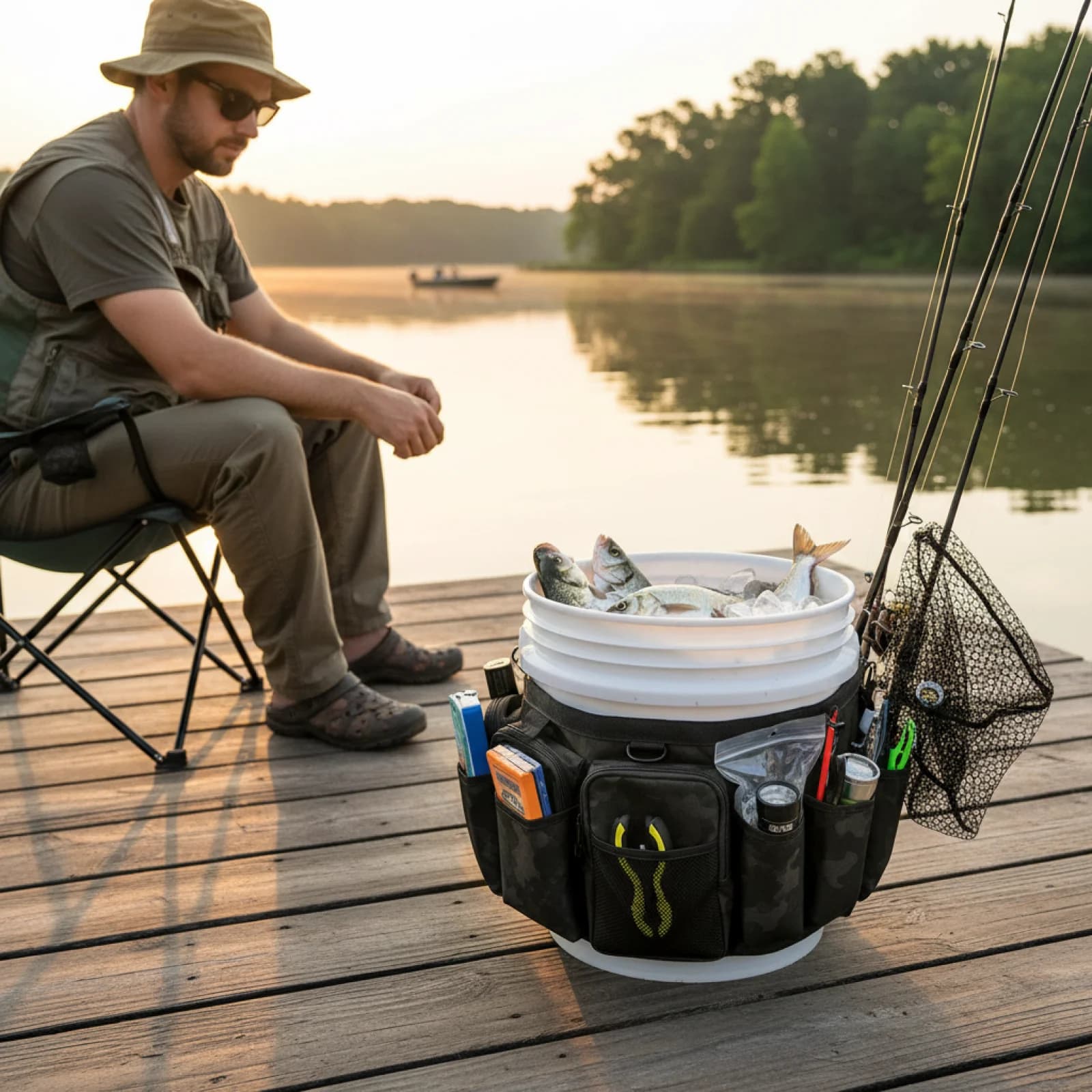 Organizer Impermeabile per Secchio da Pesca, Resistente in Tessuto Oxford, Multiuso con Tasche Multiple per Secchio da 5 Galloni, Attrezzi da Pesca all'Aperto