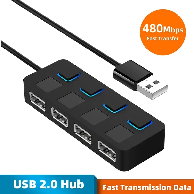 Hub USB 2.0 a 4 porte, splitter multi USB, espansore USB 2.0 con alimentatore e interruttore per PC/computer