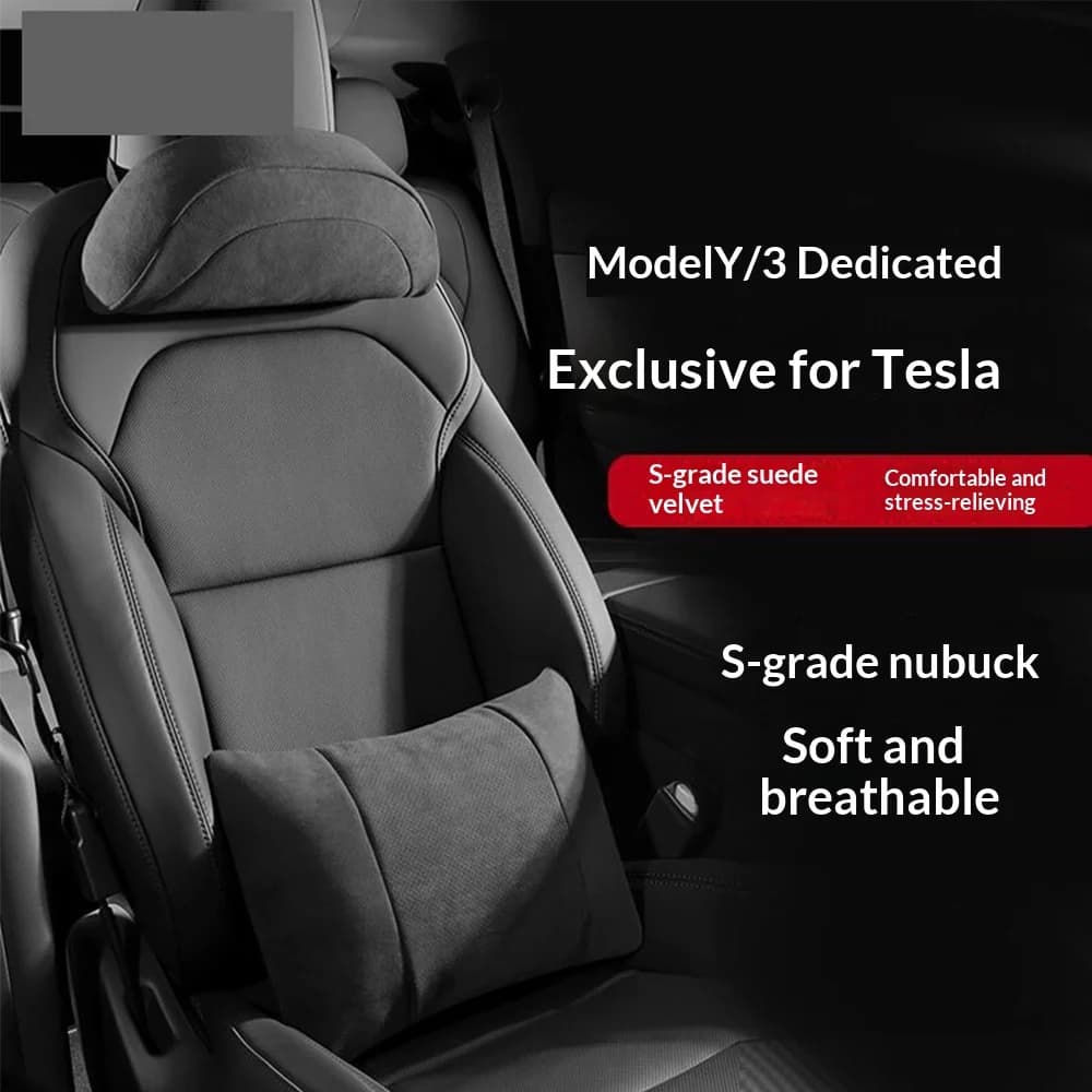 For Tesla Model Y/ 3 Ergonomic Headrest Neck Lumbar Pillow Suede Fabric Soft Comfort Pressure Relief Auto Accessory