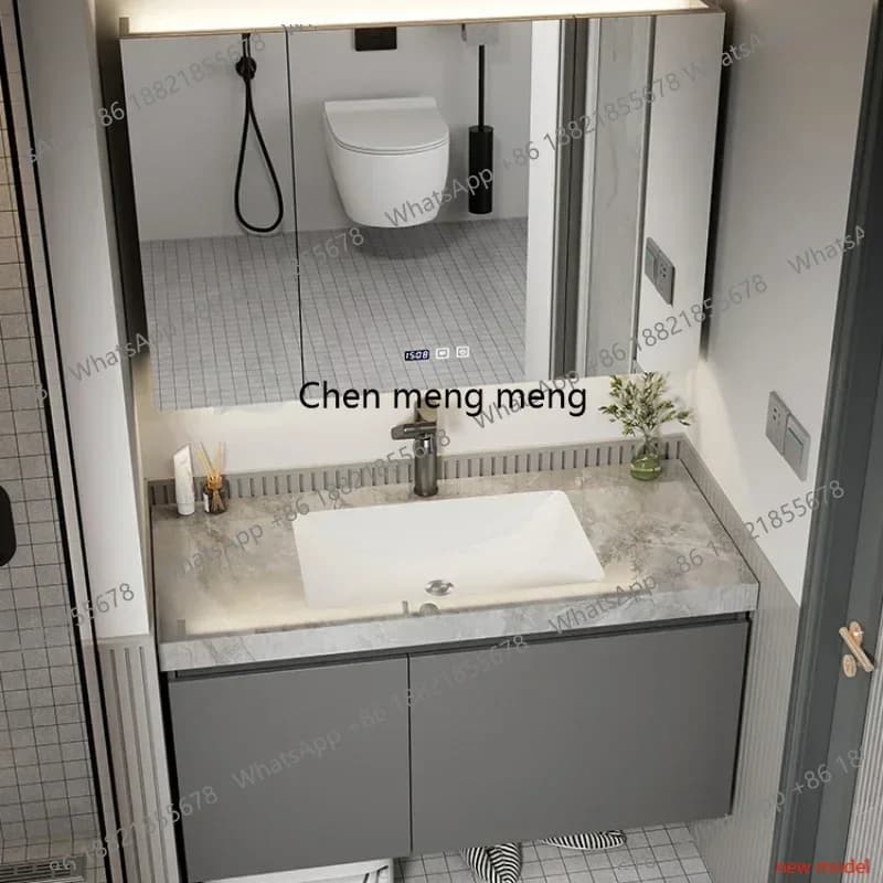Mobile Bagno Multifunzionale con Specchio, Lavabo e Scaffali, Armadietto Alto per Bagno, Mobile Angolare Mobile Bagno