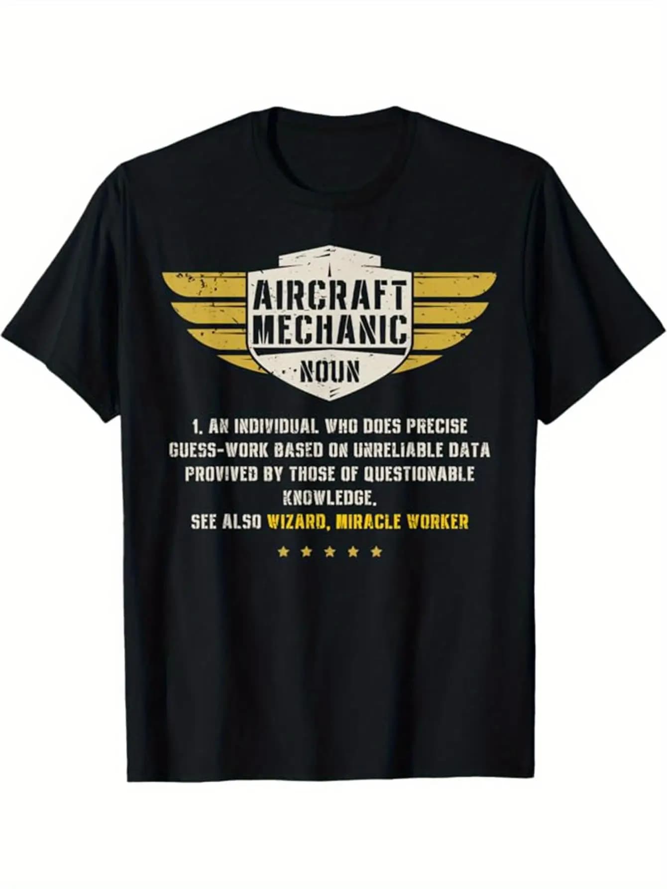 Aviation Theme Men's T-shirt with Pilot Print - Black with Golden Aircraft Patterns and Aircraft Mechanical Logo