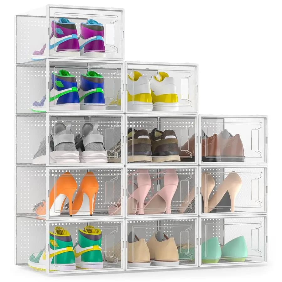 Set di 12 Grandi Scatole Organizzatrici per Scarpe, Contenitori Modulari Salvaspazio in Plastica Trasparente Impilabili per Sneaker