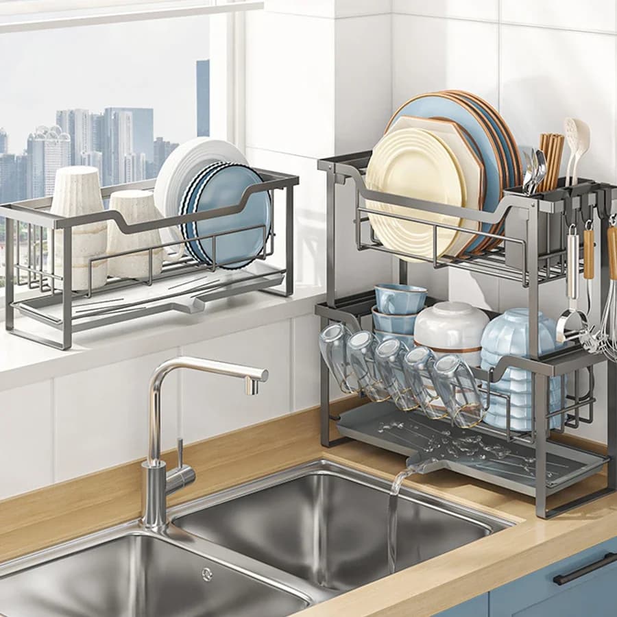 Modern dish holder, organizer for drying dishes and kitchen tableware, without need for installation for bathroom/kitchen, black/white