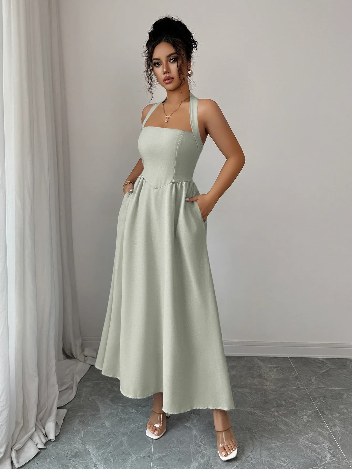 Abito da Donna in 5 Colori, Vestito Lungo con Collo Halter, Scollo Quadrato, Laccetti Posteriori, Gonna Fluida, Abito Formale per Serate, Feste e Matrimoni