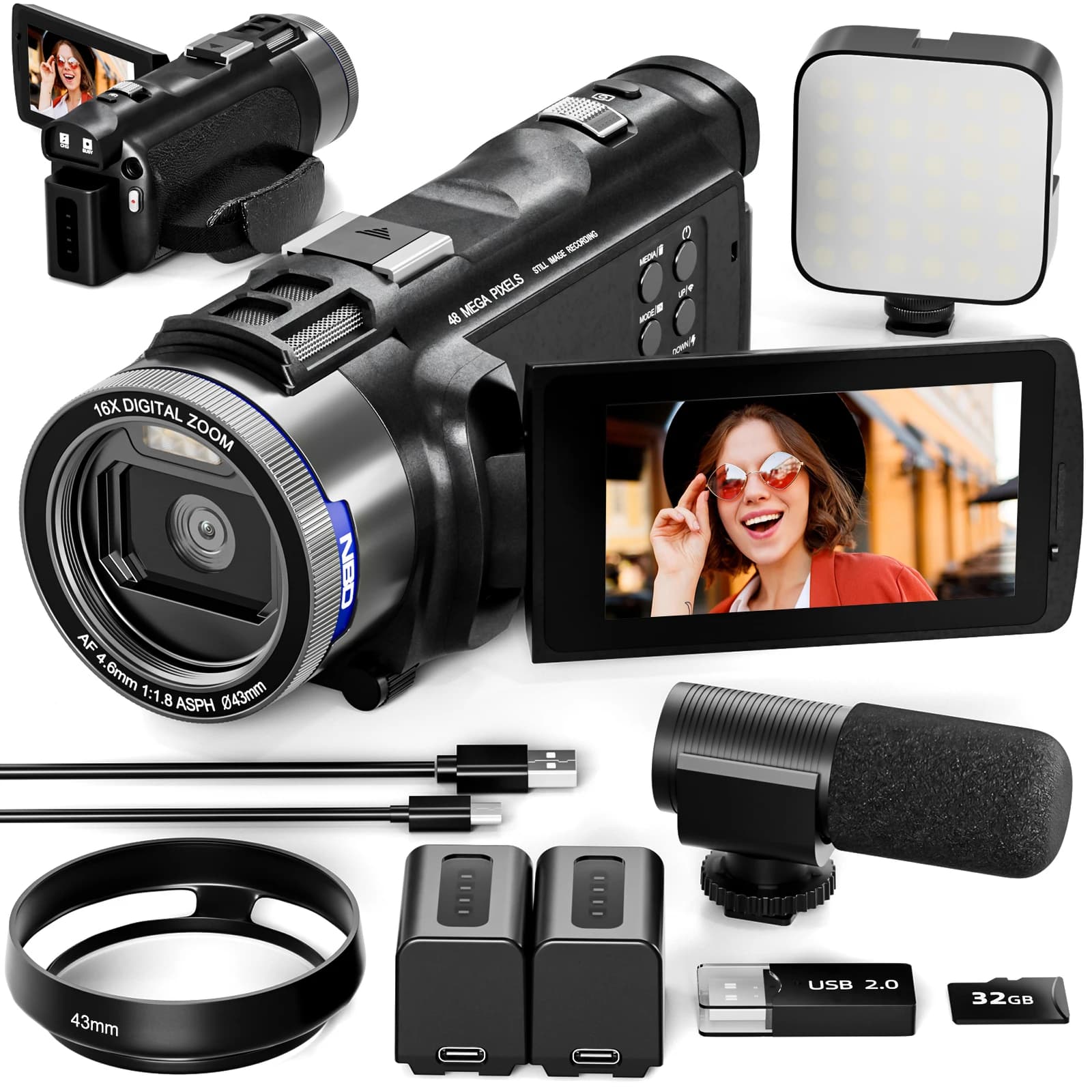 Videocamera NBD 5K con 48MP e rotazione a 270° ° Videocamera DV con Schermo Ribaltabile, Uscita HDMI, Visione Notturna, Microfono Esterno per Registrazioni YouTube e Viaggi, Colore Nero