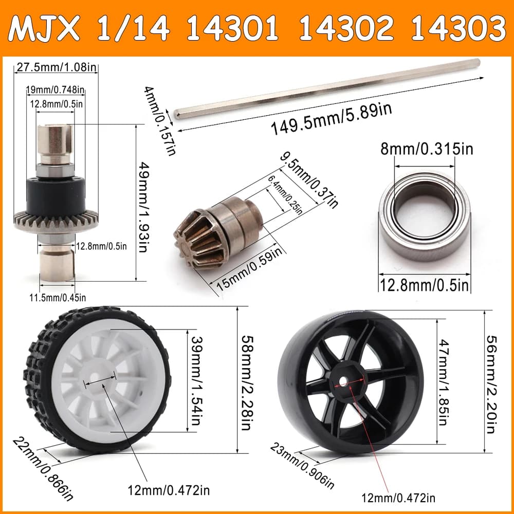 Differenziale anteriore e posteriore in metallo RC Kit albero motore centrale Ruote Pneumatici/Pneumatici per MJX Hyper Go 14301 14302 14303 V3 1/14