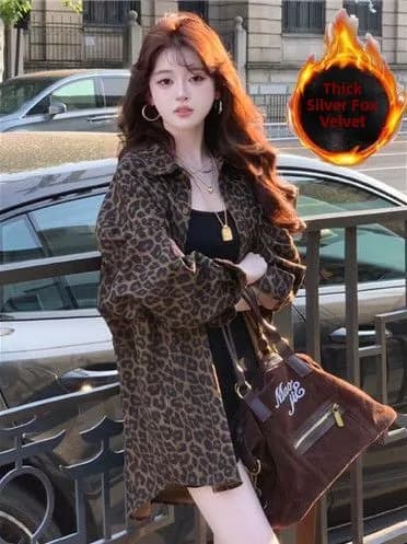Retro Sle Fce Lined Long Sve Leopard Print Casual irt Women's Outerwear Loose Fit Breathable Moisture ng