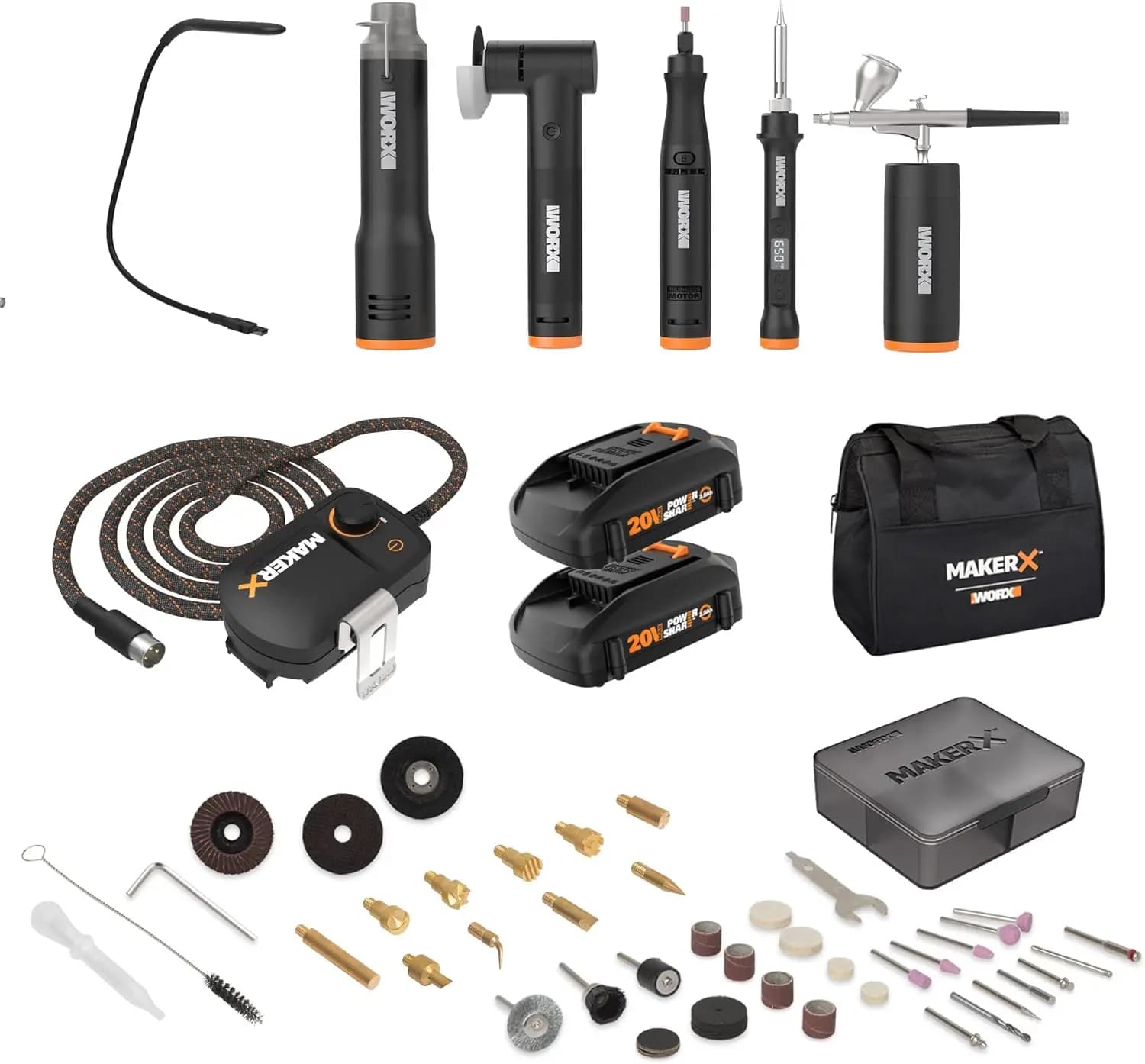 Kit Multi-Utensile 6-in-1: Utensile Rotante, Aerografo, Pistola Termica, Smerigliatrice, Luce LED in Borsa Portatile