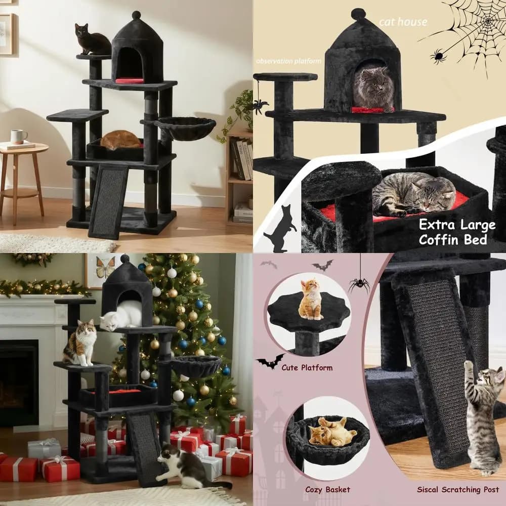Grande albero per gatti in stile gotico con letto a bara e tiragraffi, centro giochi per interni a tema Halloween per gatti adulti e gattini,
