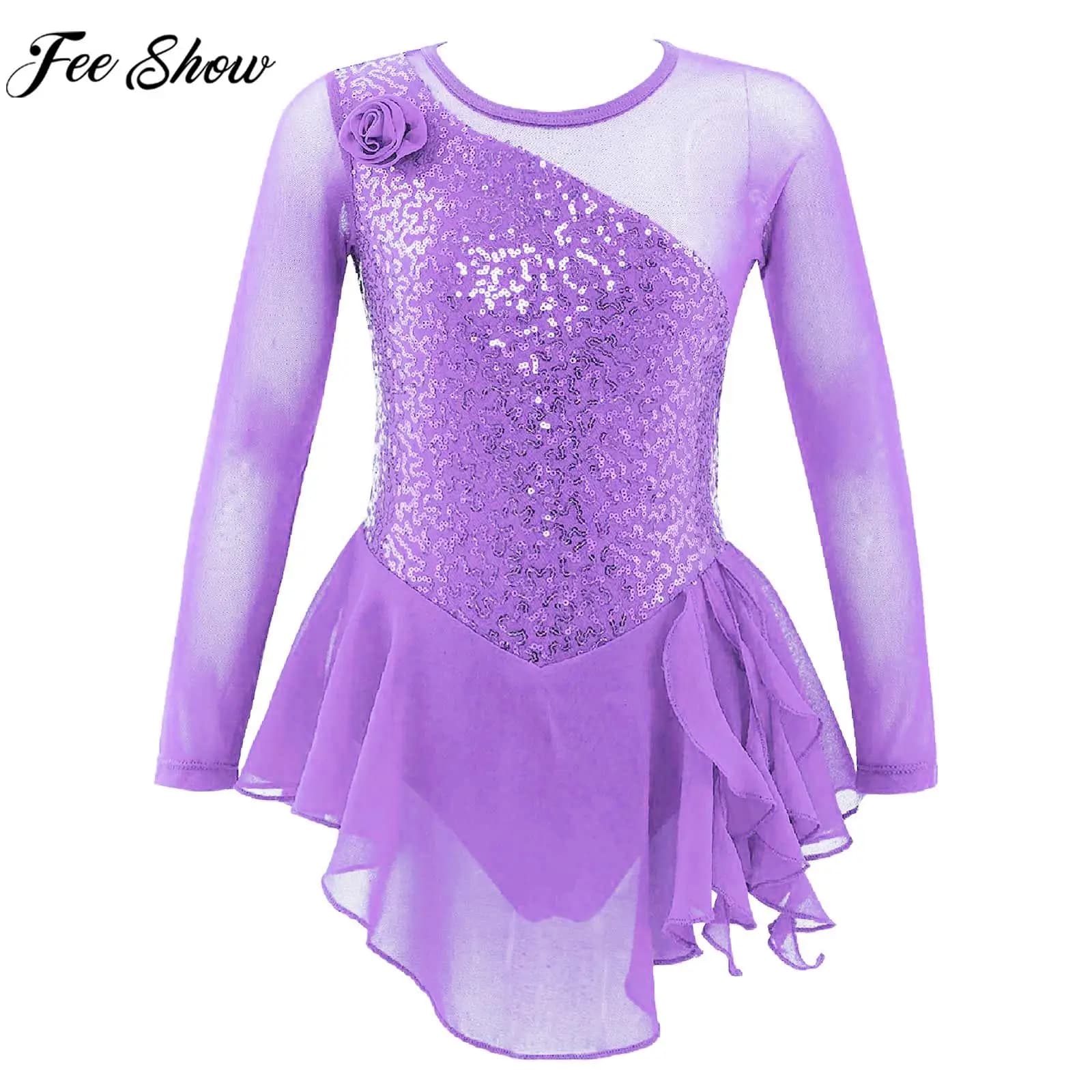 Vestito da pattinaggio di figura in rete con paillettes a maniche lunghe per bambina, danza lirica, balletto, ginnastica ritmica, acrobazie, body da ballo