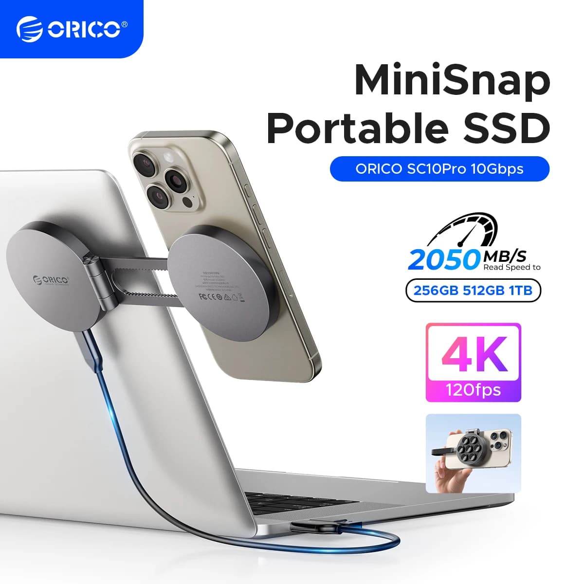 ORICO SSD esterno 1TB Mini SSD portatile magnetico ultrasottile 2000 MB/s Supporta 4K ProRes HDR per MacBook PC Laptop iPhone