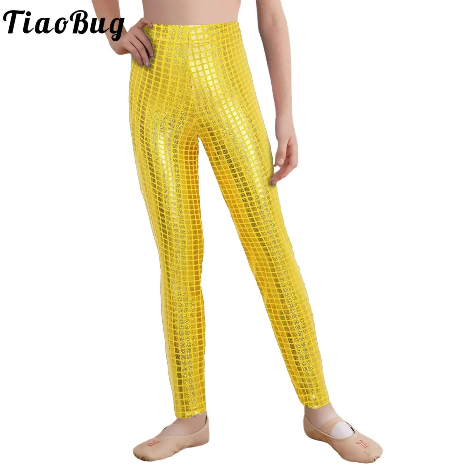 Metallic jazz dance pants for girls Elastic belt Gloss leggings for school shows Gymnastics for parties Cheerleader theatrical show
