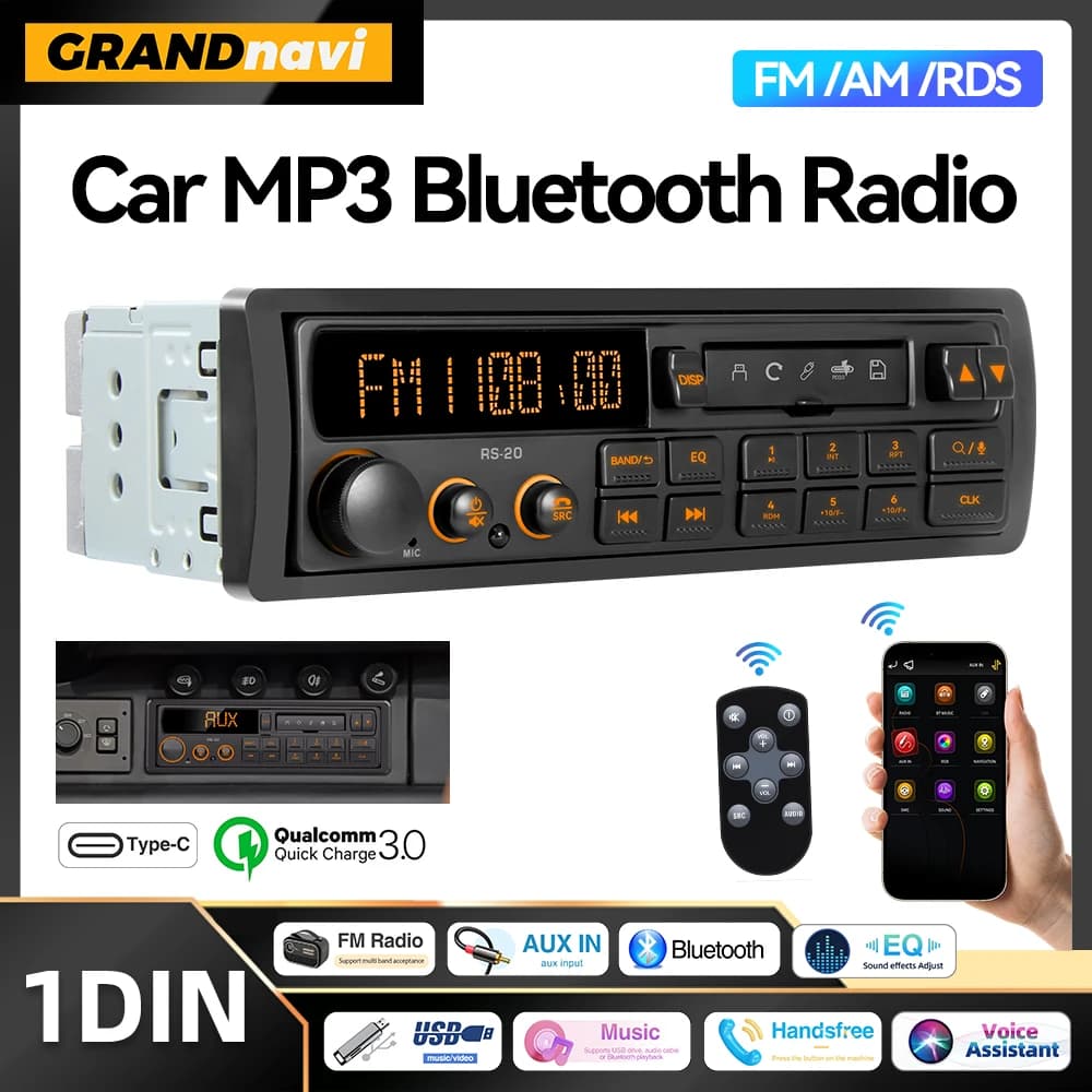Retro MP3 1 DIN Stereo EQ FM AM RDS DAB Receiver QC3.0 Bluetooth USB AUX input for VW Porsche Mercedes Benz BMW