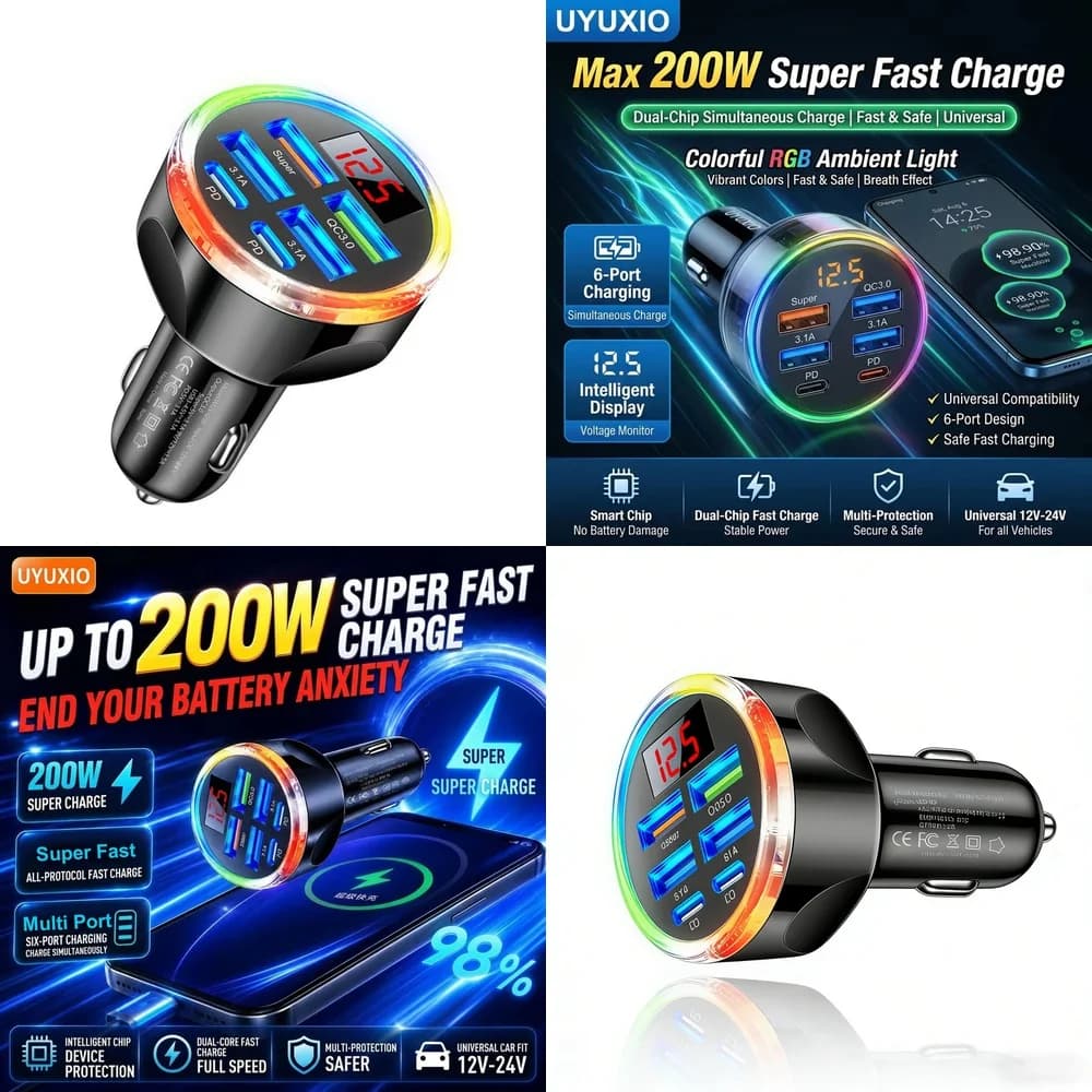 Multi Port USB Car Charger Device Trending for iPhone 18 17 16 Samsung S26 S25 S24 with RGB Light Real Time Digital Voltage Hub