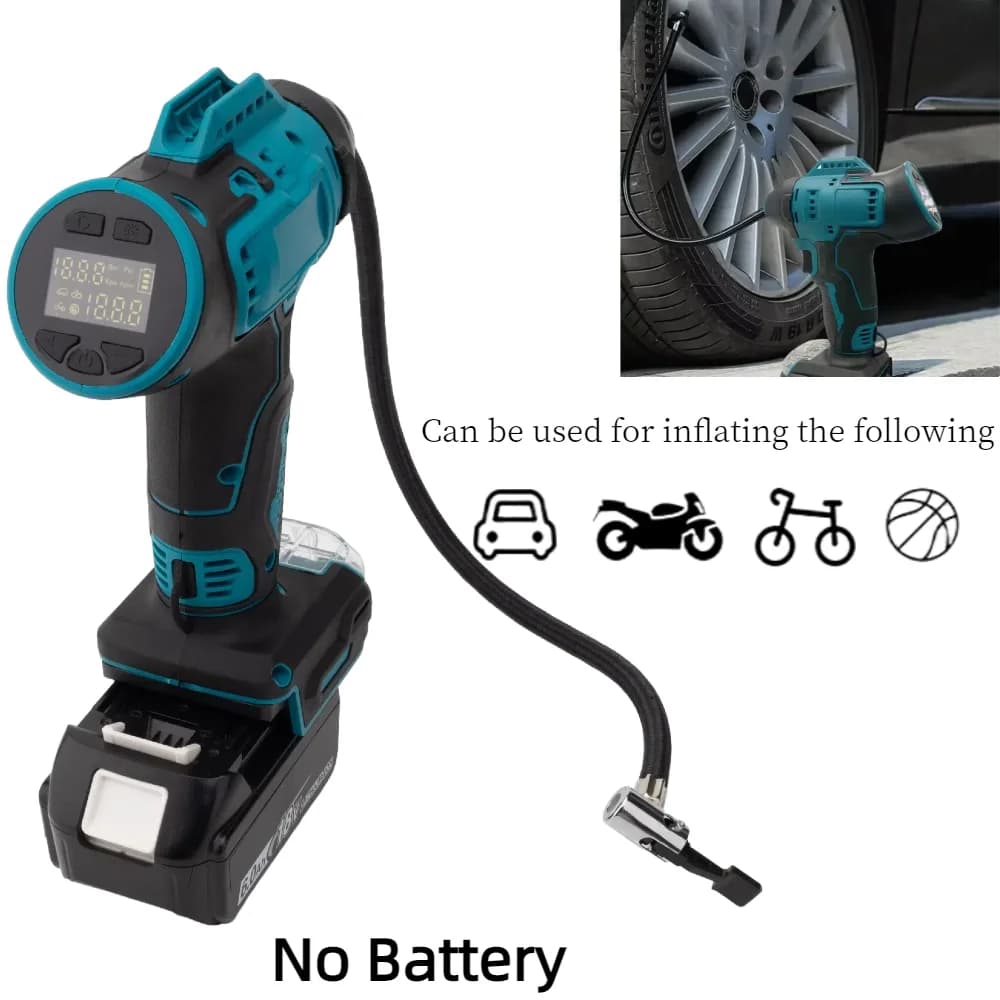 Compressore d'aria portatile per gonfiaggio pneumatici per batteria al litio Makita 18V con manometro con display digitale (senza batteria)