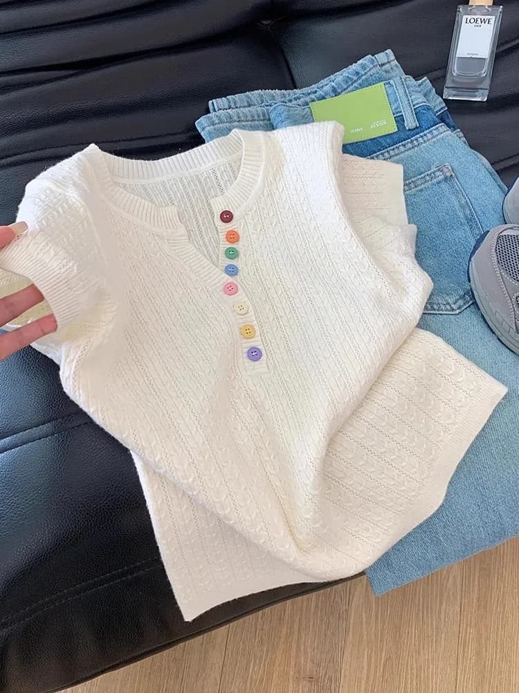 Korean Style Button Short Sleeve Knitted T-Shirt Women Summer New Design Sensation Top Super Trendy Ageless Design