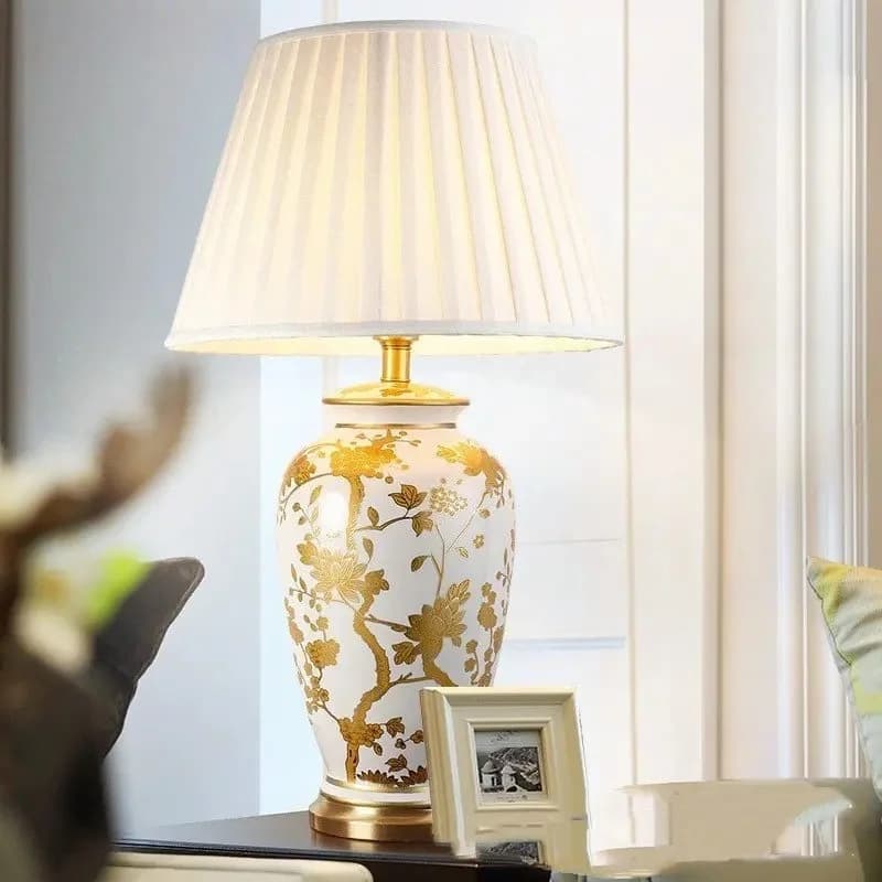 OUFULA Lampade da tavolo in ceramica Lampada da scrivania moderna con base in rame Paralume in tessuto contemporaneo per l'arredamento della camera da letto del soggiorno dell'atrio