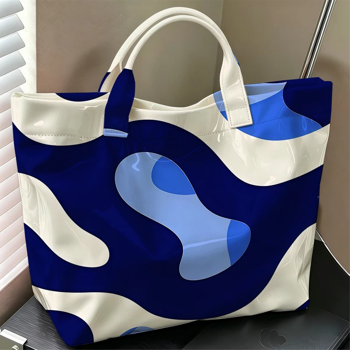 Blue Curved Camouflage Stylish Large Glossy PVC Tote Bag Washable Waterproof Durable Ideal for Travel Commute Cosmetics Handbags