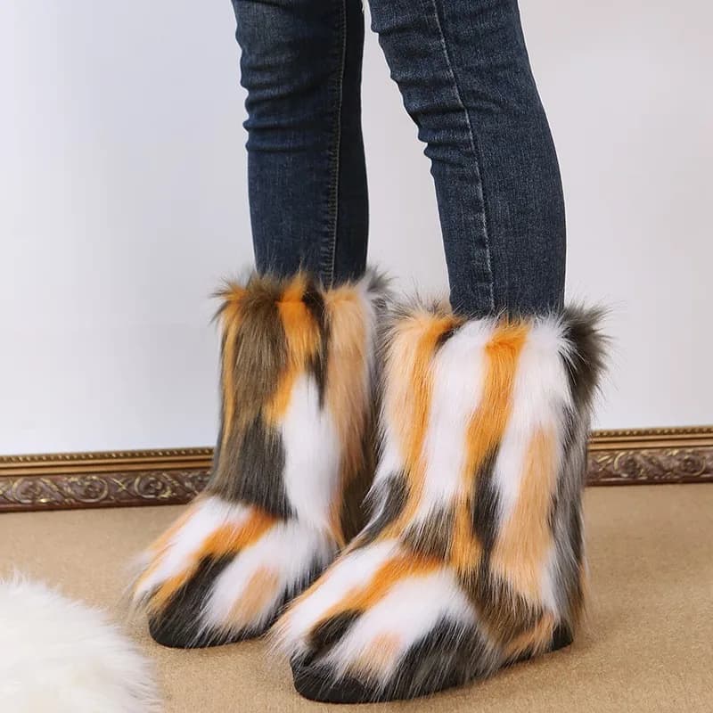Women's Fashionable Winter Fashion Colorful Plush Women's Snow Boots Fox fur Long hair Flat non-slip shoes in warm and comfortable cotton