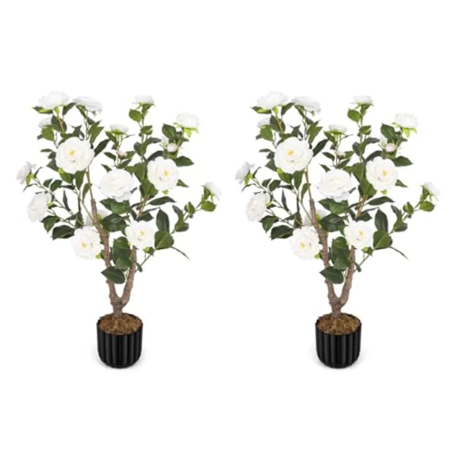 Artificial Camellia Tree for Interior and Exterior, Fin Plant in Vase, Artificial Topiaria for Home and Portic Decoration, 2 Bianche