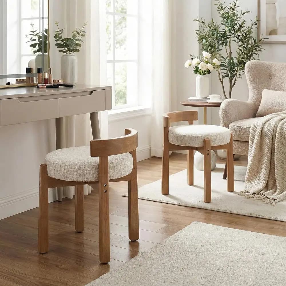 Set of 2 Upholstered Low Back Ottomans with Solid Wood Legs, Cute Round Footrest for Living Room or Bedroom, Beige
