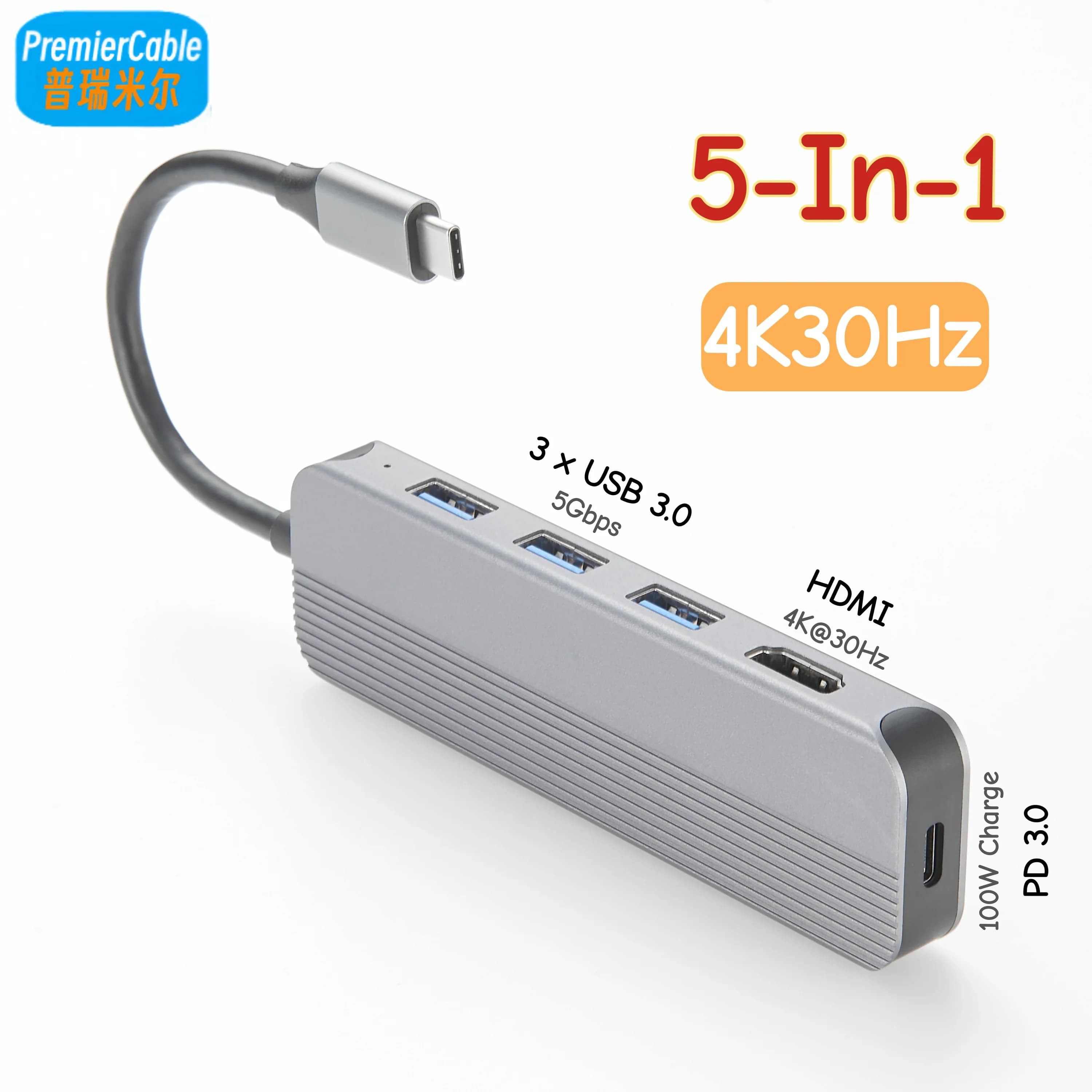 Docking station USB C 5 in 1 Splitter hub USB C a adattatore HDMI 1.4 4K a 30 Hz con ricarica rapida PD da 60 W