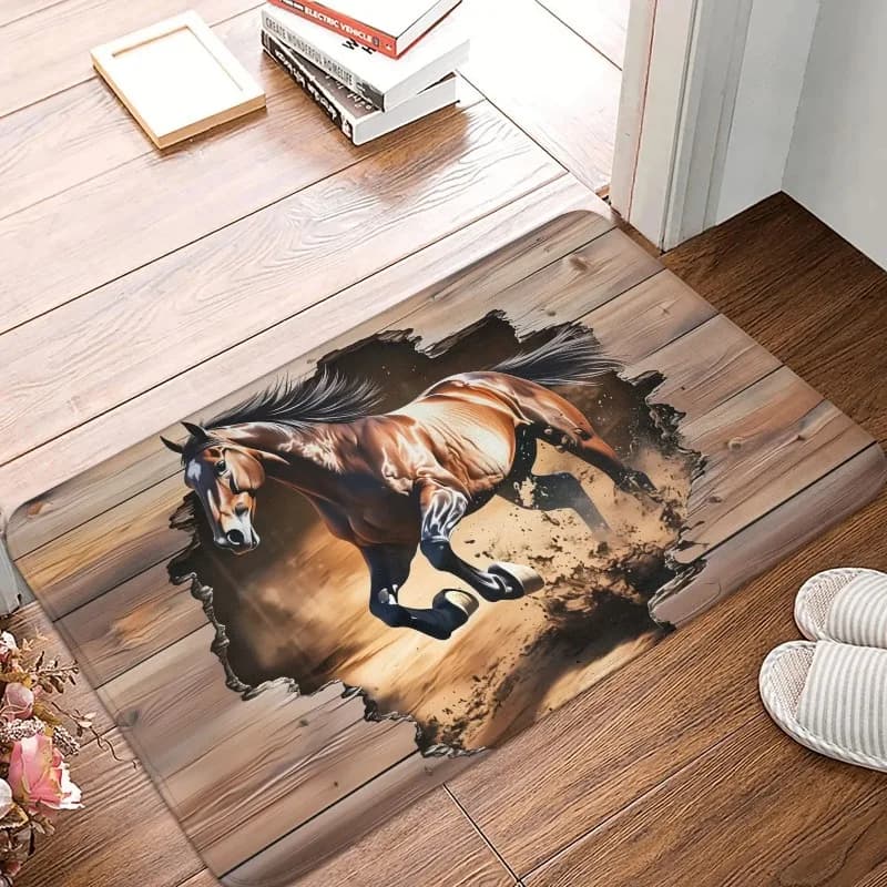 Tappetino per porta cavallo da corsa 3D con design a struttura in legno Tappeto da ingresso antiscivolo per la decorazione domestica Soggiorno Camera da letto Decorazione dinamica