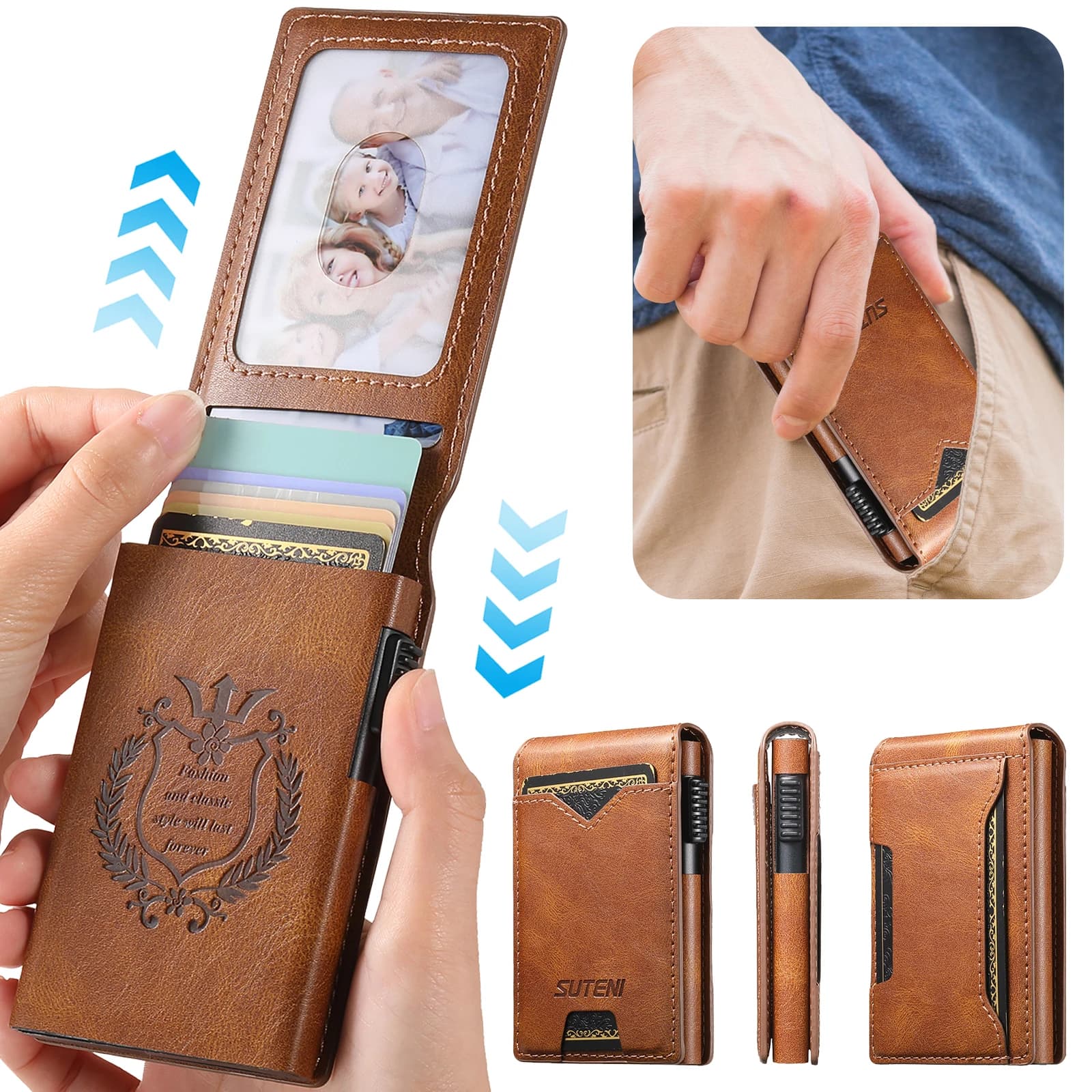 SUTENI Faux Leather For Men Wallet Card Slot Wallet Flip Cover Card Box Pressing The Button Automatically Ejects The Card