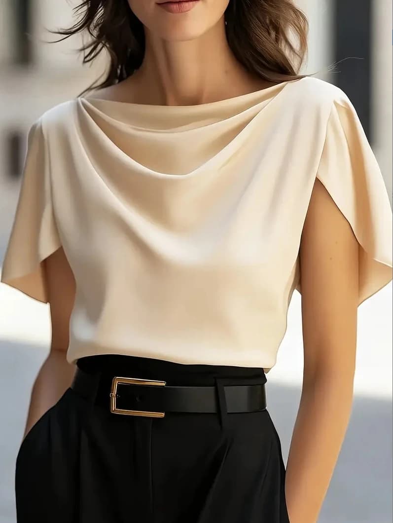 Women's Short Sleeve Satin Cowl Neck Top Elegant Draped Blouse