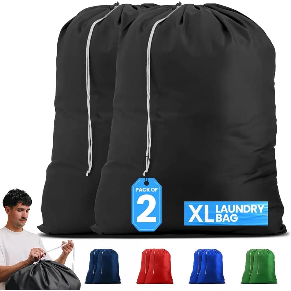 Sacchi per Bucato Extra Grandi in Nylon con Chiusura a Coulisse, Lavabili in Lavatrice, Adatti per Cesto Portabiancheria, Contengono Tre Carichi, Neri, Confezione da Due