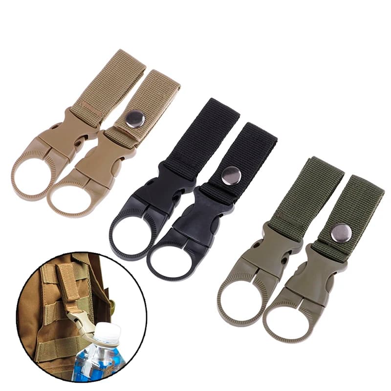 2 pezzi porta bottiglia d'acqua arrampicata moschettone cintura zaino gancio ganci clip bottiglia d'acqua multifunzione tessitura in nylon gancio con fibbia