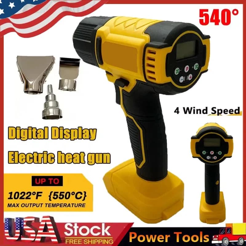 Pistola ad Aria Calda Elettrica con Display Digitale, Senza Fili, con 3 Ugelli, per Imballaggio Industriale, Compatibile con Batteria Dewalt 18V