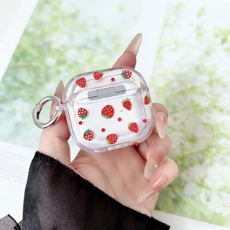 Simpatica custodia protettiva morbida color fragola, supporta la ricarica wireless, custodia protettiva antiurto per auricolari